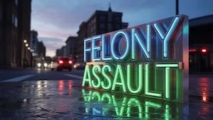 Durham NC street scene with illuminated Felony Assault sign for legal content about North Carolina felony assault charges and related criminal defense issues
